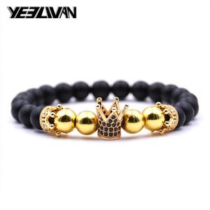 Bracelets de charme Trendy Rose Gold Black Bracelet Lava Stone Pave CZ Couronne impériale et casque pour hommes ou femmes Pulseira Hombres211L