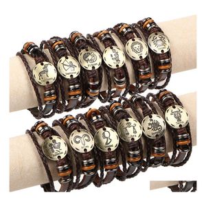 Pulseras con dijes Vintage 12 Horóscopo Cuero Punk Cerrojo Cerradura Pulsera trenzada Parejas del zodiaco Brazalete para hombres Mujeres Joyería de moda D Otej8