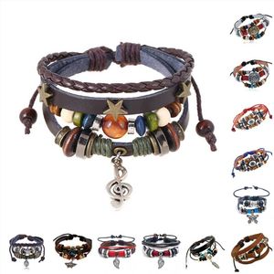 Charm Bracelets Vintage Bohemia Punk Musical Note Pendant Rope Multi Layers Leather Colors Beads Customized Adjustable Men BraceletCharm