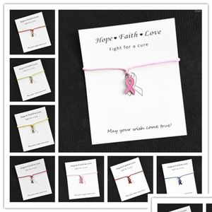 Pulseras con dijes Whole Hope Pink Ribbon Concientización sobre el cáncer de mama Charms Tarjeta de deseos Pulsera con dijes para mujeres, hombres, niñas, regalo de amistad 1 Dh2Xw