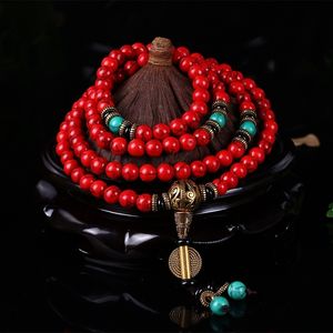 Bracelets porte-bonheur en gros bouddhiste 108 Mala prière 8 MM pin rouge pierre perle hommes Yoga méditation collier goutte 230215