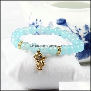 Bracelets de charme en gros bijoux de l'océan clair CZ Spacer charme de cheval de mer avec 8 mm naturel bleu agate pierre perles bracelet perlé goutte Dhnol