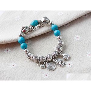 Pulseras de encanto Venta al por mayor Turquesa Sier Cadena Enlace Pulsera Brazalete Moda Pulsera Brazalete Grano Drop Entrega Dhnf5