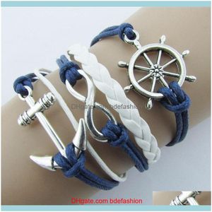 Charm Jewelrywholesale- Sier Pulseras Joyería Timón Náutico Ancla Azul Cuerda de Cuero Brazalete Pulsera A1 Entrega de Gotas 2021 I7Oyb