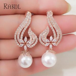 Charme RAKOL Vintage CZ cristal imitation perles coeur fleur mariée mariage boucles d'oreilles pour femmes couleur or Rose cadeau bijoux RE385 231006