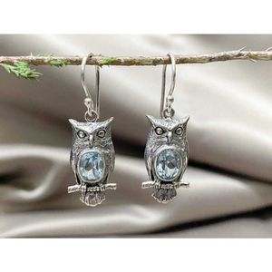 Charme Zhixuan Creative Owl Design Boucles d'oreilles vintage pour femmes Argent antique incrusté de cristal bleu Fashion Party Bijoux Accessoires G230602