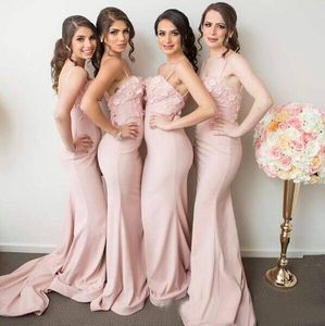 Encantador 2017 rosa claro 3D apliques florales sirena vestidos de dama de honor largos sexy espagueti encaje dama de honor vestidos por encargo EN6201