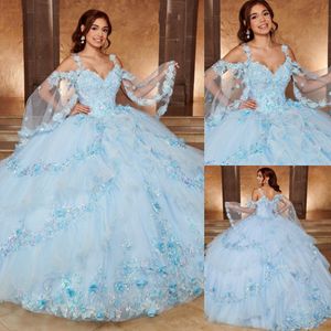 Charmante robe de bal à plusieurs niveaux Robes de Quinceanera Paillettes 3D Appliqued Robes de bal perlées décolleté en coeur Tulle Sweet 15 Robe de mascarade