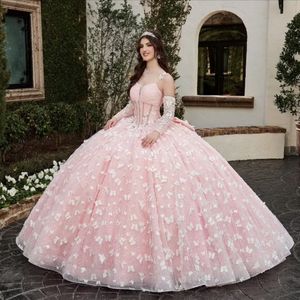 Charming Butterfly Quinceanera Dresses Detachable Long Sleeves Sweet 15 Prom Gown Glitter Ball Gown Vestidos De 16 Anos