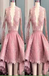 Vestido de cóctel rosado encantador asimétrico asimétrico alto bajo diseñador v cuello ilusión de mangas largas apliques de encaje de fiesta de fiesta go5809426