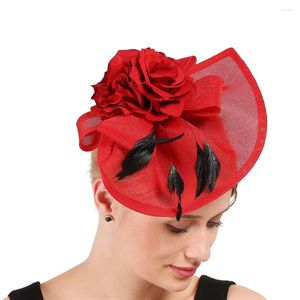 Tocados rojos encantadores para boda, sombreros, accesorios de plumas negras, diademas, sombrero Vintage de verano, pinzas para el cabello para eventos, alta calidad