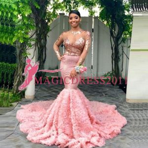 Encantadores mangas largas Vestidos de baile Vestidos de noche formales Árabe Ocasión especial Vestido Sirena Escote redondo Apliques de color rosa Fiesta Celebridad