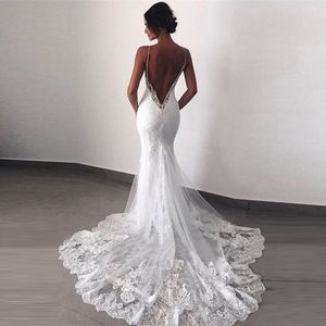 Encantadores vestidos de novia blancos con encaje de sirena y espalda abierta, vestidos de novia con tirantes finos y apliques para novia 2022