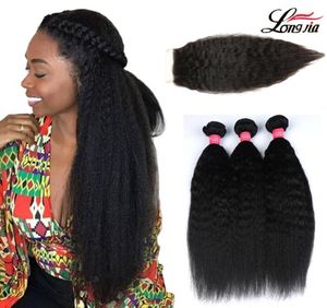 Charmingqueen malaisien Yaki cheveux raides armure faisceaux avec fermeture partie 100 cheveux humains crépus droits 3 paquets avec dentelle4778326006351