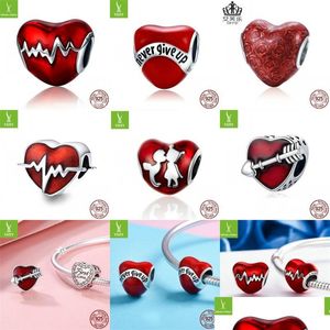 Charms 100% 925 Sterling Sier Charm Love Heart Ecg Red Esmalte Beads Fit Pulseras para mujeres Joyería Regalo Drop Delivery 2022 Finding Dhyjt