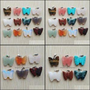 Encantos tallados en forma de mariposa Surtido de dijes de piedra natural Colgantes de cristal para collar Accesorios Fabricación de joyas Entrega de gota 20 Dhq8L