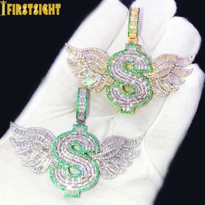 Charmes Iced Out Bling Wing Pendentif Collier Plaqué Or CZ Zircon Lettre Dollar Symbole Argent Charme Hommes Femmes Hip Hop Bijoux 230626