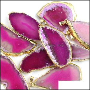 Encantos Hallazgos de joyería Componentes Chapado en oro Piedra de ágata natural Rebanadas Verde Púrpura Rebanada Wind Bell Tablet Dhy03