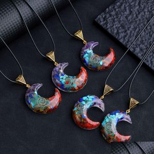 Encantos Encanto de piedra natural Envuelto en plástico Luna creciente Colgante Chakra Cuentas de cristal Collares de cuerda Joyería para niñas Mujeres Dhgarden Dh7Jg