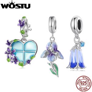 Charms WOSTU Réel 925 Sterling Silver Purple Flower Charms Morning glory Perles Fit Original Neckalce Bracelet DIY Femmes Fabrication de Bijoux 230506