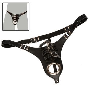 Dispositifs de chasteté Hommes Culottes en cuir Thong Sex Lingerie Ceinture de chasteté Male Chastity T-back Strings avec Cock Ring Pénis Bondage Accessoires Exotiques 230710