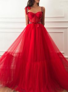 Cristaux bon marché Red African Evening Spaghetti Aline Tulle Prom Robes Sexy Formal Fête Bridesmaid Pageant Gowns P95