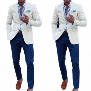 Costumes pour hommes sur mesure pas cher pour le marié de mariage Tuxedos tenue classique homme blazers 2 pièces garçons d'honneur portent une veste ivoire + un pantalon bleu y5dG #