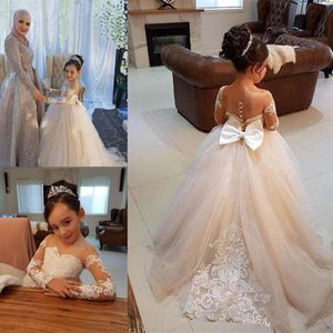 Cheap Flower Girl Dresses For Wedding Sheer Neck Tulle Floor Length Lace Party Gown Junior Bridesmaid Dress For Girls 249v