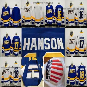 Hanson Brothers Cheap Hanson 16 17 18 Charlestown Chiefs Slap Shot White Blue Movie Hockey Jerseys