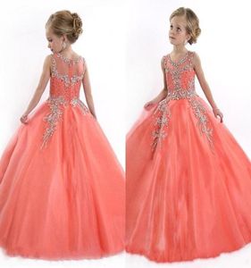 Vestidos baratos del desfile de las niñas Princesa Tul Ilusión Joya Cuello Cuentas de cristal Coral Tul Niños Vestido de las muchachas de flor Birt8387677 barato