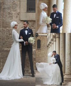 Musulmán barato A Línea Vestidos de novia mangas largas de encaje completo vestidos de novia altos collar árabe Rode de mariage4583681