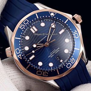 Cheap New 300M Diver 210.22.42.20.03.002 Two Tone Rose Gold Blue Bisel Blue Dial Automático Reloj para hombre Correa de caucho Relojes para caballeros Hello_watch
