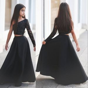 Vestidos de niñas de flores negras de princesa barata para bodas una manga larga de hombro dos piezas de encaje de la niña de la niña de la niña del césped