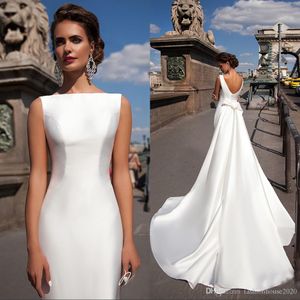 Vestidos de sirena simples de satén barata Bateau Neck con tren de tren desmontable Barro de tamaño grande Vestido de novia Vestidos Custom