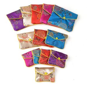 Bolsa pequeña barata de tela de seda con cremallera para joyería, embalaje chino, Mini monedero para mujer, tarjetero, 6x8, 8x10cm, 13103