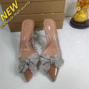 Magasin pas cher 90% de réduction en gros pointu Za2024 été nouvelles chaussures pour femmes nœud français cristal talon ouvert sandales hautes Transparent Muller