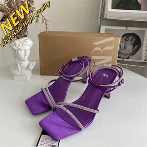 Magasin pas cher 90% de réduction sur les chaussures pour femmes Zas en gros talons hauts violet style français avec strass rayures boucle sandales diamant points tempérament polyvalent