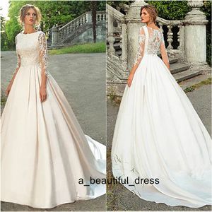 Robe de mariée pas cher à manches longues A-ligne dentelle appliques robe de mariée en satin avec robe de mariée princesse perlée livraison gratuite