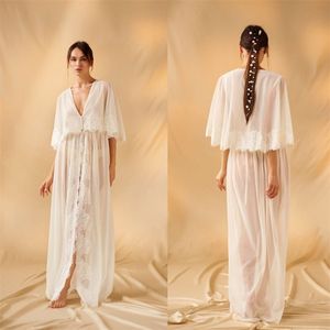 Batas de boda baratas con cuello en V envolvente 3/4 mangas largas pijamas de encaje de lunares para mujeres hecho a medida vestido de noche de tren de barrido para mujeres