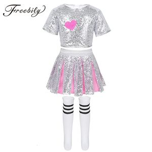 Cheerleading enfants pom-pom girl Dancewear paillettes brillantes hauts avec jupe chaussettes tenue filles scène Performance Hip Hop Jazz danse Costume 231201