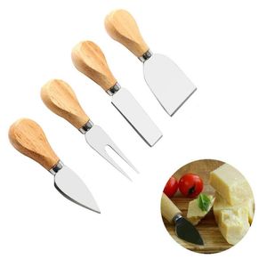 Juego de cuchillos para queso, 4 Uds., cuchillo con mango de roble, tenedor, pala, cortador de pizza para mantequilla, cortador de corte de acero inoxidable, juego de tabla de queso para hornear LSK1951