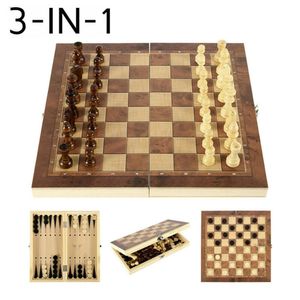 Jeux d'échecs 3 en 1 pliant en bois Backgammon Checkers Travel Set Board Drafts Entertainment Portable Game 230615