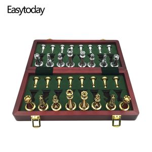 Jeux d'échecs Easytoday métal brillant pièces d'or et d'argent planche pliante en bois massif ensemble professionnel de haute qualité 230512