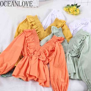 Chic bonbons couleur volants Blouses femmes glissé en mousseline de soie printemps col en V chemise doux mince élégant Blusas Mujer 14951 210415