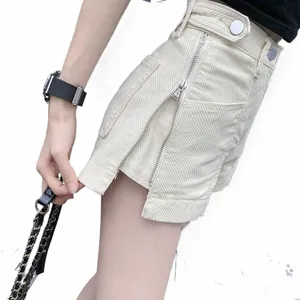 Chic Design Zipper Shorts Jeans Femmes Lâche Taille Haute Court Vaqueros Nouvel Été Y2k Pantalon Beige Streetwear Denim Pantalon Large X8d3 #