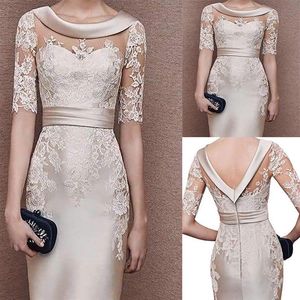 Chic Mother Of The Bride Dresses Scoop Neck Appliqued Beaded Half Sleeves Wedding Guest Gowns Backless Floor Length Sheath Mother 260y