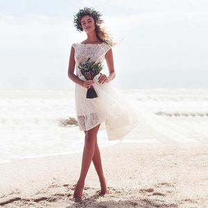 Elegante Scoop Cap manga alto-bajo vestido de novia por encargo sin espalda de encaje vestido de novia parte delantera corta espalda larga vestido de novia