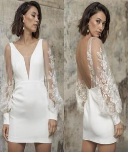 Vestidos de novia cortos elegantes para novia, vestidos de segunda recepción de encaje de manga larga con espalda abierta, vestido de novia