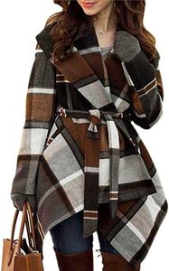 Elegante abrigo de mezcla de lana con cuello de capa plegable para mujer a cuadros en tono tierra/malla blanca negra/negra/fucsia