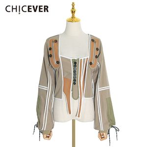 Vestes pour femmes CHICEVER Patchwork Hit couleur manteaux irréguliers pour femmes col carré lanterne manches à lacets femme 2021 vêtements de mode